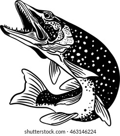 Isolated illustration of big peach fish in waves with fishing rod. Vector illustration can be used for creating logo and emblem for fishing clubs, prints, web and other crafts