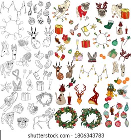 Gran conjunto de Año Nuevo. Aislados sobre un fondo blanco de decoraciones navideñas, mandarinas, mitones, guirnaldas, ciervos, tazas, regalos, empaques festivos, cuernos, gorra de Año Nuevo, berry, Año Nuevo 