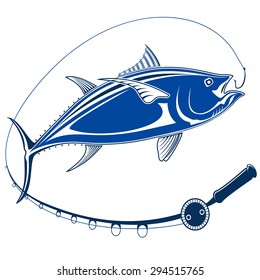 Isolated illustration of big tuna fish in waves with fishing rod. Vector illustration can be used for creating logo and emblem for fishing clubs, prints, web and other crafts.