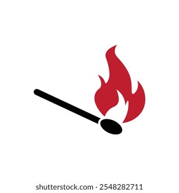 Isolated illustration of black pictogram fire lit or ignited wooden match stick in white background