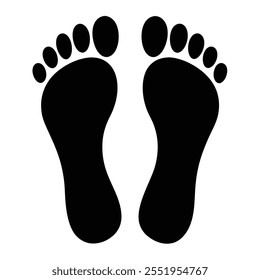 Isolated illustration of black pictogram footprint, foot print, trace bare feet on ground, step, steps, for nature, adventure, sports graphic template.