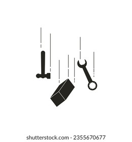 Isolated illustration of black pictogram hammer, wrench, steel block falling use for safety, danger, caution, alert falling objects sign in engeering workshop purpose