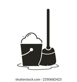 Isolated illustration of black pictogram icon moping floor with bucket, water and broom template icon for safety sign cleaning in progress, janitor, slippery when wet, caution wet floor, fall hazard