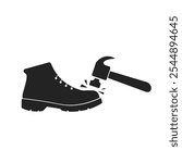 Isolated illustration of black pictogram safety shoes, a working foot protection icon hit by hammer sign 