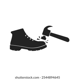 Ilustração isolada de sapatos de segurança pictograma preto, um ícone de proteção para os pés de trabalho atingido pelo sinal de martelo 