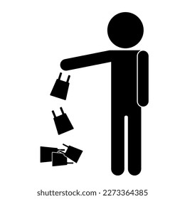Isolated illustration of black stick figure thow plastic bag trash, graphic template for do not litter, environment sign