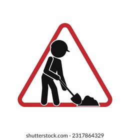 Isolated illustration of black triangle safety sign man shovel dirt with helmet, for safety sign template man at work, under construction, danger symbol