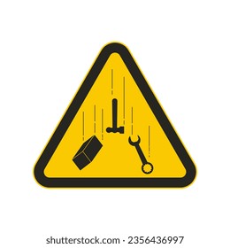 Isolated illustration of black triangle safety sign hammer, wrench, steel block falling use for safety, danger, caution, alert falling objects sign in engineering workshop purpose