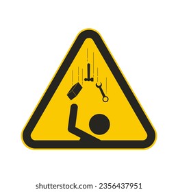 Isolated illustration of black triangle safety sign hammer, wrench, steel block falling use for safety, danger, caution, alert falling objects sign in engineering workshop purpose