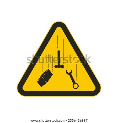Isolated illustration of black triangle safety sign hammer, wrench, steel block falling use for safety, danger, caution, alert falling objects sign in engineering workshop purpose