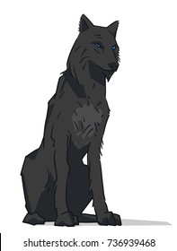 Isolated illustration of black wolf with blue eyes sitting in color