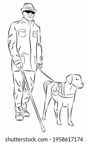 isolated illustration of a blind man with assistance dog, black and white vector drawing, white background