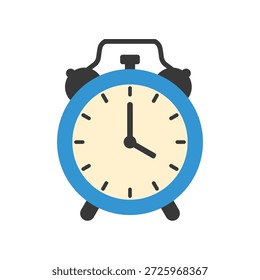 Ilustração isolada de um desenho animado de despertador azul mostrando 4 horas com um design plano e um fundo branco.