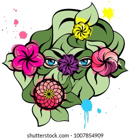 Isolated illustration with a blue mysterious eyes, colorful flowers and blots, green leaves. Creative hand-drawn design for fashion, beauty, tattoo