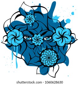Isolated illustration with a blue mysterious eyes, flowers, leaves and blots. Creative hand-drawn design for fashion, beauty, tattoo