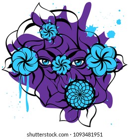 Isolated illustration with a blue mysterious eyes, flowers, violet blots and black contour of leaves. Creative hand-drawn design for fashion, beauty, tattoo