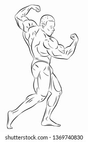 isolated illustration of bodybuilder. black and white drawing , white background