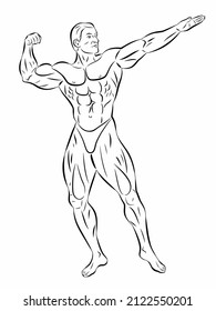 isolated illustration of bodybuilder. black and white vector drawing , white background