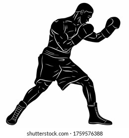 isolated illustration of a boxer, black and white drawing, white background