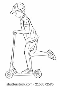 isolated illustration of boy on a scooter. black and white vector drawing. white background