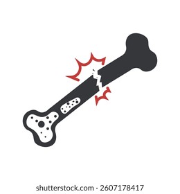 Isolated illustration of a broken bone icon, symbolizing injury with a jagged crack through the bone