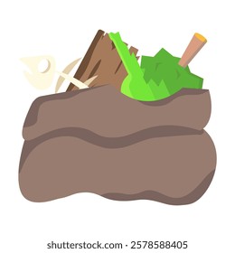 Isolated illustration brown trash sack with used wooden board, durian skin, broken bottles and fish bones