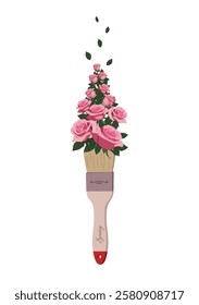 Isolated illustration a brush that paints with flowers, roses on white background