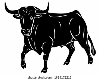 isolated illustration of bull . black and white vector drawing, white background 