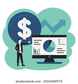 Isolated illustration businessman shows improvement in chart graph on monitor