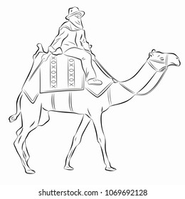 isolated illustration of a cameleer , black and white drawing, white background