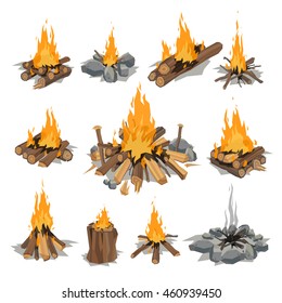 Isolated illustration of campfire logs burning bonfire design elements. Nature wooden stack yellow different camping fire with smoke