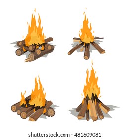 Isolated illustration of campfire logs burning bonfire design elements. Nature wooden stack yellow different camping fire with smoke