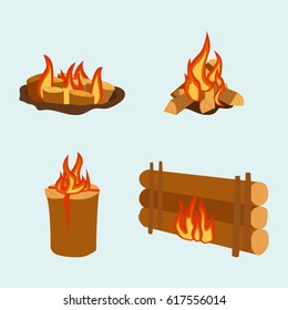Isolated illustration of campfire logs burning bonfire and firewood stack vector