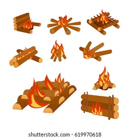 Isolated illustration of campfire logs burning bonfire and firewood stack vector