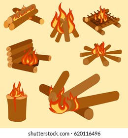 Isolated illustration of campfire logs burning bonfire and firewood stack vector