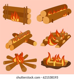 Isolated illustration of campfire logs burning bonfire and firewood stack vector