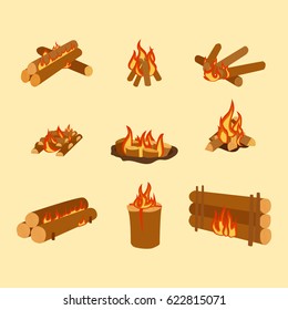 Isolated illustration of campfire logs burning bonfire and firewood stack vector