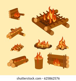 Isolated illustration of campfire logs burning bonfire and firewood stack vector