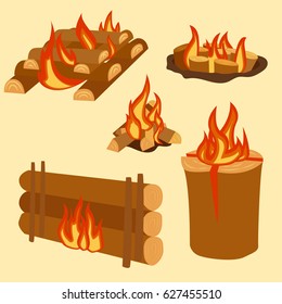 Isolated illustration of campfire logs burning bonfire and firewood stack vector