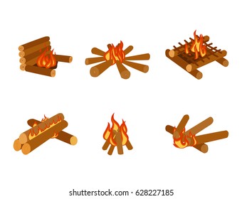 Isolated illustration of campfire logs burning bonfire and firewood stack vector