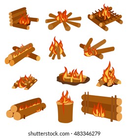 Isolated illustration of campfires logs burning bonfires