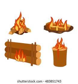 Isolated illustration of campfires logs burning bonfires