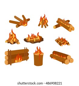 Isolated illustration of campfires logs burning bonfires