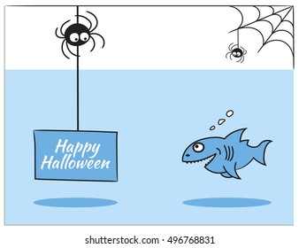 Isolated illustration of a cartoon style, which demonstrates how spider congratulates shark. He dipped into the water greeting card with the words Happy Halloween.