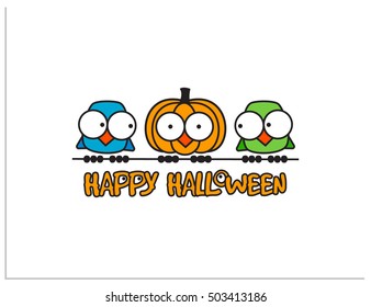 Isolated illustration of a cartoon style, which shows a bird on a wire. One bird was wearing the pumpkin and celebrating Halloween, the other with surprise looks at her.