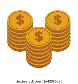 Isolated Illustration cartoon three rows of stacks of dollar coins for economy financial icon