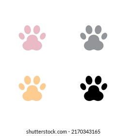 Isolated illustration of cat and dog paw prints (pink, gray, orange, black footprints) on white background.