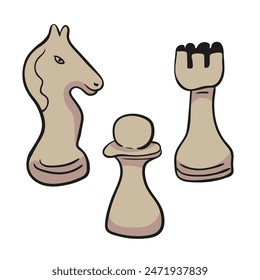 isolated illustration chess pieces knight rook and pawn in vector. object icon for poster sticker design logo print