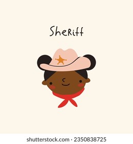Isolated illustration of children head. Sheriff. Wild West. Western.