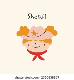Isolated illustration of children head. Sheriff. Wild West. Western.